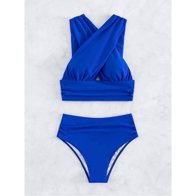 Cross-halterneck Pleated Swimsuit Solid Color Sexy Summer Beach Vacation Swimsuit